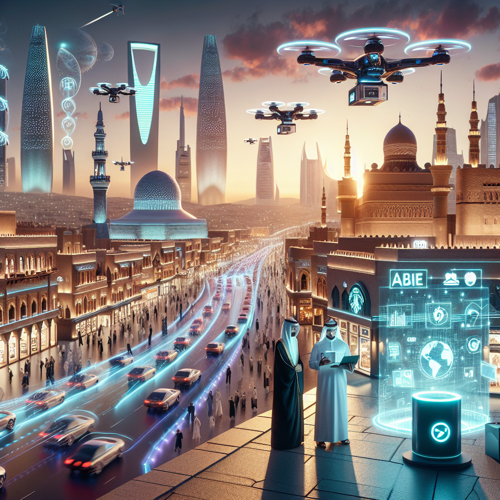 مدينة سعودية مستقبلية ذكية مع طائرات بدون طيار ومباني حديثة تعكس الذ